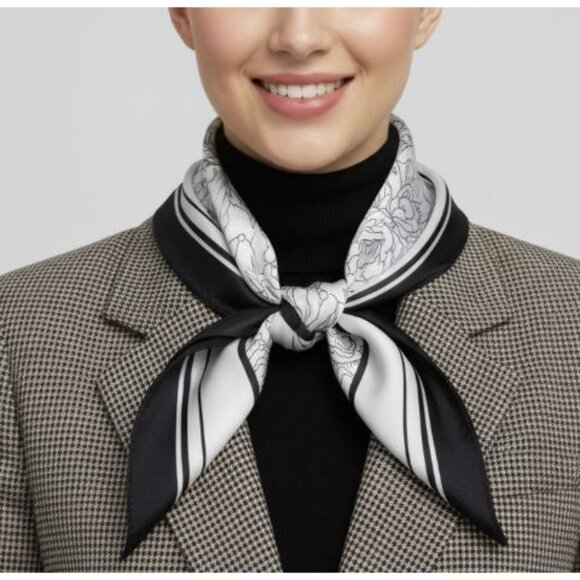 ❤️❤️Silky Square Scarf Soft Bandana Black White Geometric Floral Elegant Luxury - Picture 1 of 8